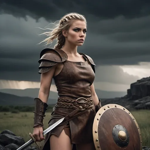 Prompt: A fierce warrior woman is standing in a dramatic, stormy landscape. Her body is visible from the thighs up. She has a determined expression on her face with intense eyes accentuated by dark eyeliner. Her hair is blonde, shaved on one side, and styled with small braids, the rest cascading over her shoulder. She is wearing a worn, brown leather armor over a beige tunic, with a leather belt cinched at her waist. Her outfit has subtle wrinkles and a rugged texture. She is holding a large, round wooden shield with a weathered appearance in her left hand, and a long sword in her right. The background features dark, ominous clouds, enhancing the intense and somber mood of the scene. The lighting is natural, subdued by the overcast sky, casting a soft, diffused light on the character.