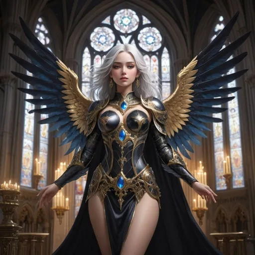 Prompt: A stunning female character is shown from mid-thigh up, revealing her detailed outfit and wings. Her face features delicate, symmetrical features with a serene expression. She has long, flowing silver hair parted in the middle, cascading over her shoulders. The character wears an ornate, dark-colored armor with intricate gold patterns and embedded blue gemstones. Her attire exposes her shoulders, upper chest, and thighs, with long, dark sleeves. Her pose is upright and confident, with large, black feathered wings extending from her back. She stands in a grand, gothic cathedral with tall stained-glass windows. The lighting is dramatic, casting a divine glow that enhances the mystical and regal atmosphere.