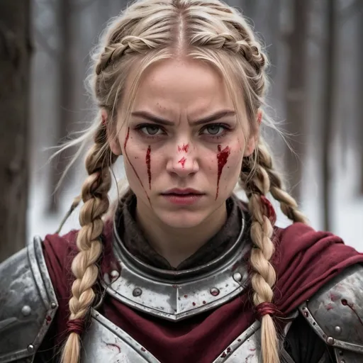Prompt: A fierce female warrior with a determined expression is framed from the shoulders up. Her face is smeared with blood, particularly across her forehead and cheeks, adding to her intense glare. She has long, blonde hair styled in two braids, with loose strands framing her face. She wears a silver metal armor with red accents, and there are visible scratches and bloodstains on it. Her outfit includes a maroon cloth draped beneath the armor. The background is blurred but hints at a chaotic, possibly battlefield setting with dark, smoky atmosphere and flickering red lights. The overall mood is dramatic and gritty, with sinister lighting emphasizing her fierce determination. Winterscene.
