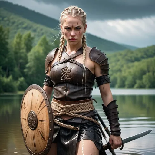 Prompt: A fierce warrior woman is shown walking through a shallow body of water. She is visible from head to knees. Her face is intense with a determined expression, featuring sharp features and piercing eyes. Her blonde hair is styled in intricate braids, some falling over her shoulders, while the rest is pulled back. She is dressed in a rugged, dark leather outfit, which is wet from the water, showing wrinkles and blemishes. She holds a round, wooden shield with a metal rim in her left hand and a sheathed sword is strapped to her waist. Her arms are partially exposed, showing wet skin. The background features a calm lake with distant, forested hills under a cloudy sky, suggesting a cool and overcast atmosphere. The image mood is intense and dramatic, with natural daylight illuminating the scene.