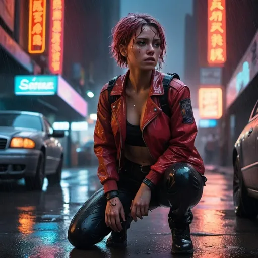 Prompt: 
A gritty, hyperrealistic scene featuring a fierce, confident female character kneeling in the middle of a rain-soaked, neon-lit street. Her short, tousled hair is wet and partially obscures her face, with strands clinging to her forehead. She wears a red leather jacket over a black, form-fitting outfit, accentuating her athletic build. The jacket is open, revealing a tactical harness and straps, with visible wrinkles and rain droplets. Her expression is determined and focused, looking off to the side as she aims a futuristic, glowing pistol that emits a bright, fiery beam. Her other hand holds a traditional handgun, ready for action. The character's skin is exposed on her arms and thighs, with intricate tattoos visible. The background showcases a bustling cityscape with colorful neon signs in a foreign script, blurred car headlights, and reflections on the wet pavement. The atmosphere is dark and intense, with heavy rain adding a dynamic, dramatic effect to the scene. The image is shot with high contrast and muted tones, enhancing the edgy and mysterious vibe.