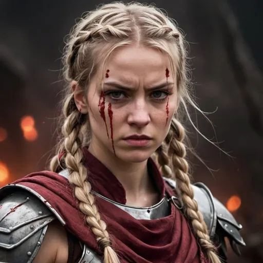 Prompt: A fierce female warrior with a determined expression is framed from the shoulders up. Her face is smeared with blood, particularly across her forehead and cheeks, adding to her intense glare. She has long, blonde hair styled in two braids, with loose strands framing her face. She wears a silver metal armor with red accents, and there are visible scratches and bloodstains on it. Her outfit includes a maroon cloth draped beneath the armor. The background is blurred but hints at a chaotic, possibly battlefield setting with dark, smoky atmosphere and flickering red lights. The overall mood is intense and gritty, with dramatic lighting emphasizing her fierce determination.