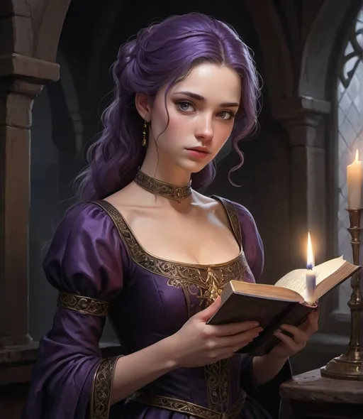 Prompt: a. Character framing: Upper body and part of the legs visible.
b. Facial details: Light complexion with delicate features, violet eyes, slightly flushed cheeks.
c. Expression on the face: Slightly melancholic, enigmatic.
d. Hairstyle and position of the hair in face: Long, wavy purple hair partially tied back, framing the face.
e. Outfit color, blemishes, wrinkles: Dark purple and black outfit with intricate gold detailing, well-fitted.
f. Pose of the character: Kneeling, leaning slightly forward.
g. Exposed skin and body parts: Arms, part of the chest, and legs are exposed.
h. Surroundings and background: Dark, medieval-like setting with candles providing the main light source.
i. Weather and atmosphere: Dim, gothic ambiance with dramatic lighting.
j. What is the character holding: A book and a candle.