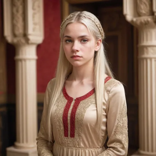 Prompt: A young woman with long, straight platinum blonde hair stands in an ornate interior setting. Her hair is styled with small braids pulling back the sides, leaving the rest to fall freely down her back. She has a fair complexion and her facial expression is serious and contemplative, with a neutral mouth and slightly narrowed eyes. She is wearing a long-sleeved, light gold dress with intricate patterns and red accents on the lower sleeves. The background features large stone pillars and a softly blurred, dimly lit room, giving an impression of an ancient, grand hall. The atmosphere is calm and introspective, with soft, natural lighting highlighting the woman's face and upper body, creating a serene yet solemn mood.
