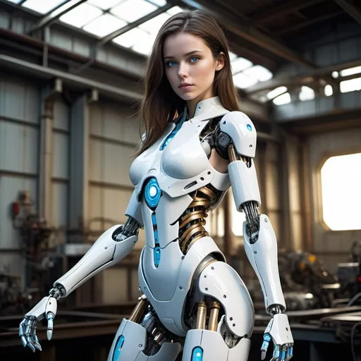 Prompt: A young woman with visible upper body and thighs, featuring a mix of human and robotic elements. Her facial details are sharp, with a neutral expression and blue eyes. She has long, straight brown hair that partially covers her face. She is wearing a light blue, fitted bodysuit with metallic, robotic arms and legs that show mechanical joints and components. The suit has signs of wear, including blemishes and scratches. Her pose is dynamic, with one leg raised and an arm resting against a structure. Exposed skin is visible at the upper thighs. The background is a muted, industrial setting with a cloudy atmosphere. The mood is serious, and the lighting is soft, contributing to a cool and futuristic ambiance.