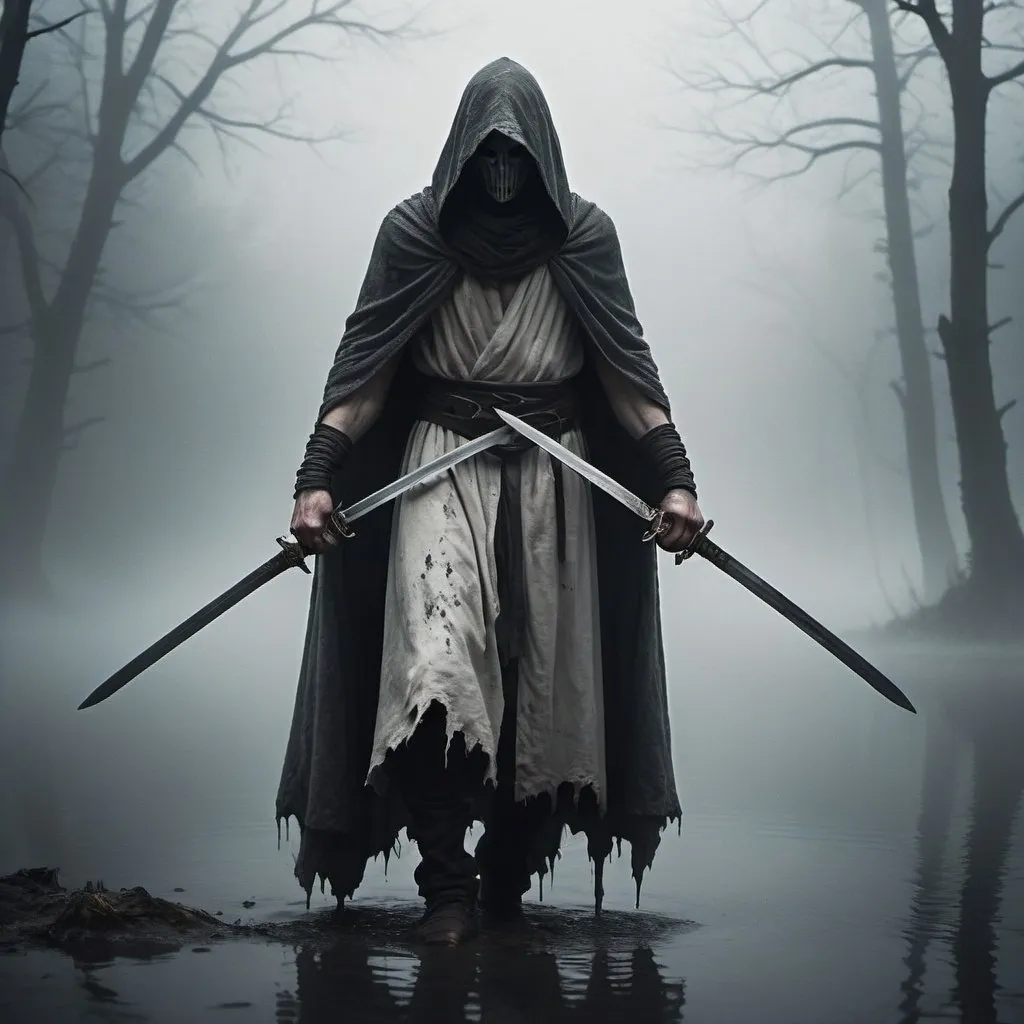 Prompt: Create an image of a mysterious character standing in a foggy, desolate environment. The character is visible from head to toe, wearing a tattered white cloak with visible blemishes and wrinkles. The hood covers the head, obscuring the face, adding to the character's ominous presence. The stance is powerful, with legs slightly apart and two swords pointed downward, partially submerged in water. The hands and arms are covered, with no exposed skin. The background is filled with thick fog, enhancing the eerie and desolate feel. The atmosphere is dark and gloomy, suggesting cold or wet weather. The mood of the image is somber, mysterious, and intense, with dim and muted lighting that amplifies the foggy, mysterious atmosphere.