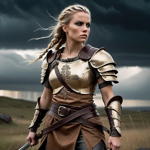 Prompt: A fierce warrior woman is standing in a dramatic, stormy landscape. Her body is visible from the thighs up. She has a determined expression on her face with intense eyes accentuated by dark eyeliner. Her hair is blonde, shaved on one side, and styled with small braids, the rest cascading over her shoulder. She is wearing a worn, brown leather armor over a beige tunic, with a leather belt cinched at her waist. Her outfit has subtle wrinkles and a rugged texture. She is holding a large, round wooden shield with a weathered appearance in her left hand, and a long sword in her right. The background features dark, ominous clouds, enhancing the intense and somber mood of the scene. The lighting is natural, subdued by the overcast sky, casting a soft, diffused light on the character.