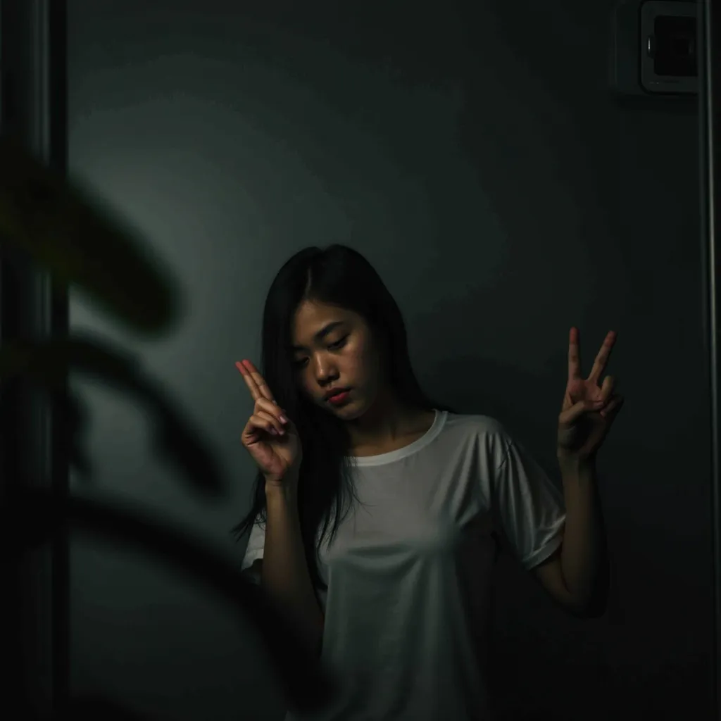 Prompt: In a dimly lit setting, a person stands partially obscured in front of a mirror, capturing a moment of self-reflection. The figure wears a white shirt, with long, dark hair cascading over their shoulder, contrasting against the muted background. They pose with one hand raised in a peace sign, adding a playful element to the otherwise subdued atmosphere. The scene is framed by blurred leafy shapes, likely from plants nearby, which enhance the intimacy of the setting. The overall mood is one of quiet introspection blended with a hint of youthful spirit, conveyed through soft lighting and a slightly hazy focus.