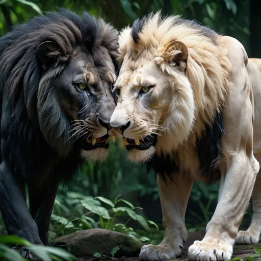 Prompt: (Black lion eating white lion), dramatic contrast, fierce predation scene, jungle backdrop, vibrant green foliage, vivid colors, spotlight illumination highlighting the lions, nature's raw brutality, highly detailed textures on fur, powerful muscular forms, dynamic tension in the moment, captivating blend of survival and power, 4K ultra-detailed quality, cinematic atmosphere.