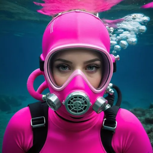 Prompt: very beautiful girl  with a pink diving mask full balaclavas and pink diving suit
