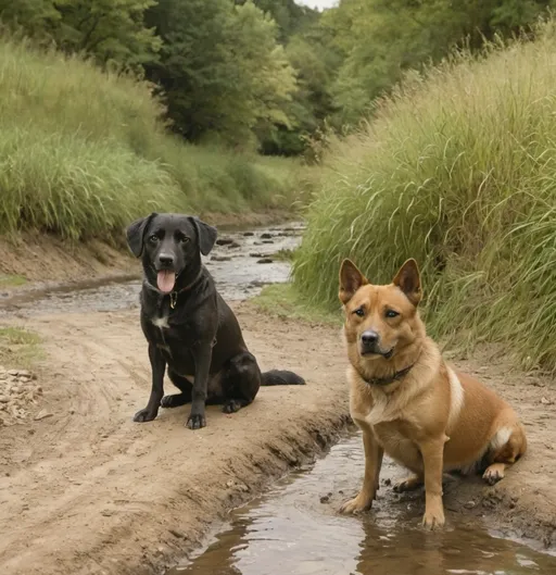 Prompt: two dogs sitting next to each other on a dirt road near a stream of water and grass and bushes, Chica Macnab, arts and crafts movement, animal photography, an album cover