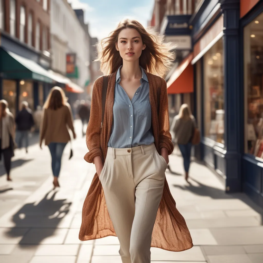Prompt: Tall young woman walking down the high street, detailed clothing, realistic, natural lighting