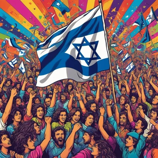 Prompt: Text "ISRAEL" Psychedelic very style colored 80th poster design in the style of many peoples dancing with many flags Israel, and blow shofar inspired poster art, trippy kinetic waves pattern, vibrant, illustration, poster, graffiti