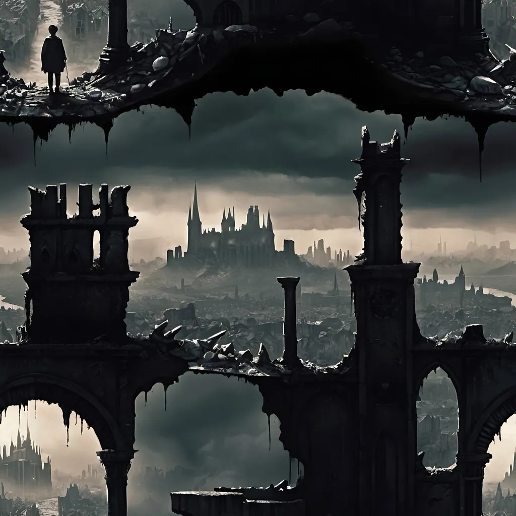 Prompt:  "make me a cover for a novel called 'laughing at the end, ' which is set in a dark fantasy world with a touch of humor. include elements such as a ruined city, a dark atmosphere, and a 20-year-old male main character who faces the end of the world."