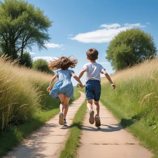 Prompt: picture show the back of a boy left hand drags a girl's right hand exciting running up on along a grass path, with beautiful blue sky, the boy is running ahead and slightly turn the head to the right looking at the girl