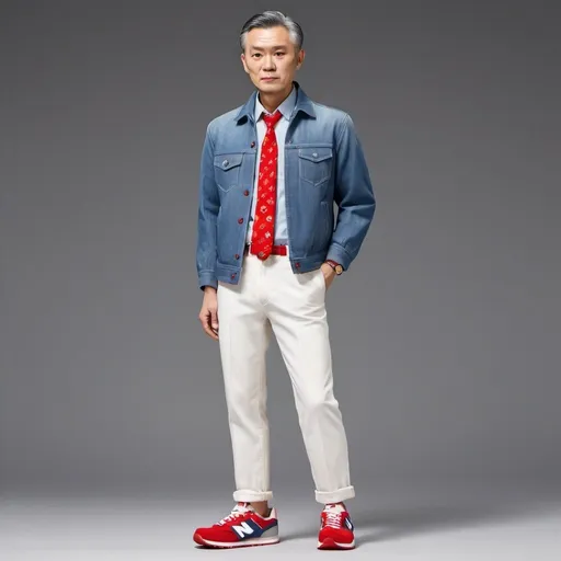 Prompt: A Chinese man (in cartoon form) in his 50s, wearing a white shirt with a red-patterned Ferragamo tie, with a blue denim jacket and in white pants and greyish new balance 574 shoes