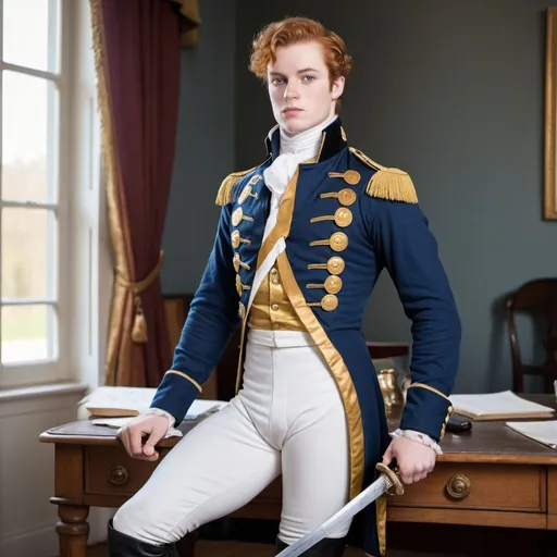Prompt: Young auburn haired man in blue napoleonic uniform with gold braid and a while cravat. Blue eyes. Pale skin. Clean shaven. Fencing sabre on left hip. White breeches, black over the knee riding boots. Standing in front of a desk and window