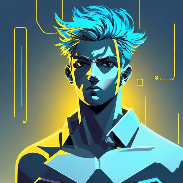 Prompt: greek god with blue hair, edgy features, modern digital illustration, encouraging, intense lighting, workplace setting, computer monitor, FANUC yellow office, digital art, reporting, justice, modern, serious, computer, workplace, inspiring features, modern digital illustration, 