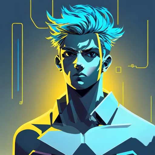 Prompt: greek god with blue hair, edgy features, modern digital illustration, encouraging, intense lighting, workplace setting, computer monitor, FANUC yellow office, digital art, reporting, justice, modern, serious, computer, workplace, inspiring features, modern digital illustration, 