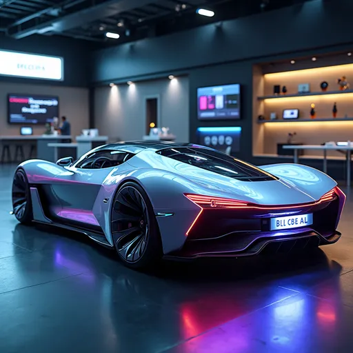 Prompt: Photorealistic image of a futuristic concept car, showcasing advanced aerodynamics and innovative technology, featuring a sleek and aerodynamic design with smooth lines, shimmering metallic finish, a holographic display reflecting vibrant colors, set at a tech expo filled with cutting-edge gadget displays, futuristic ambiance, ambient glow of lights, high detail, ultra-detailed, 4K quality.