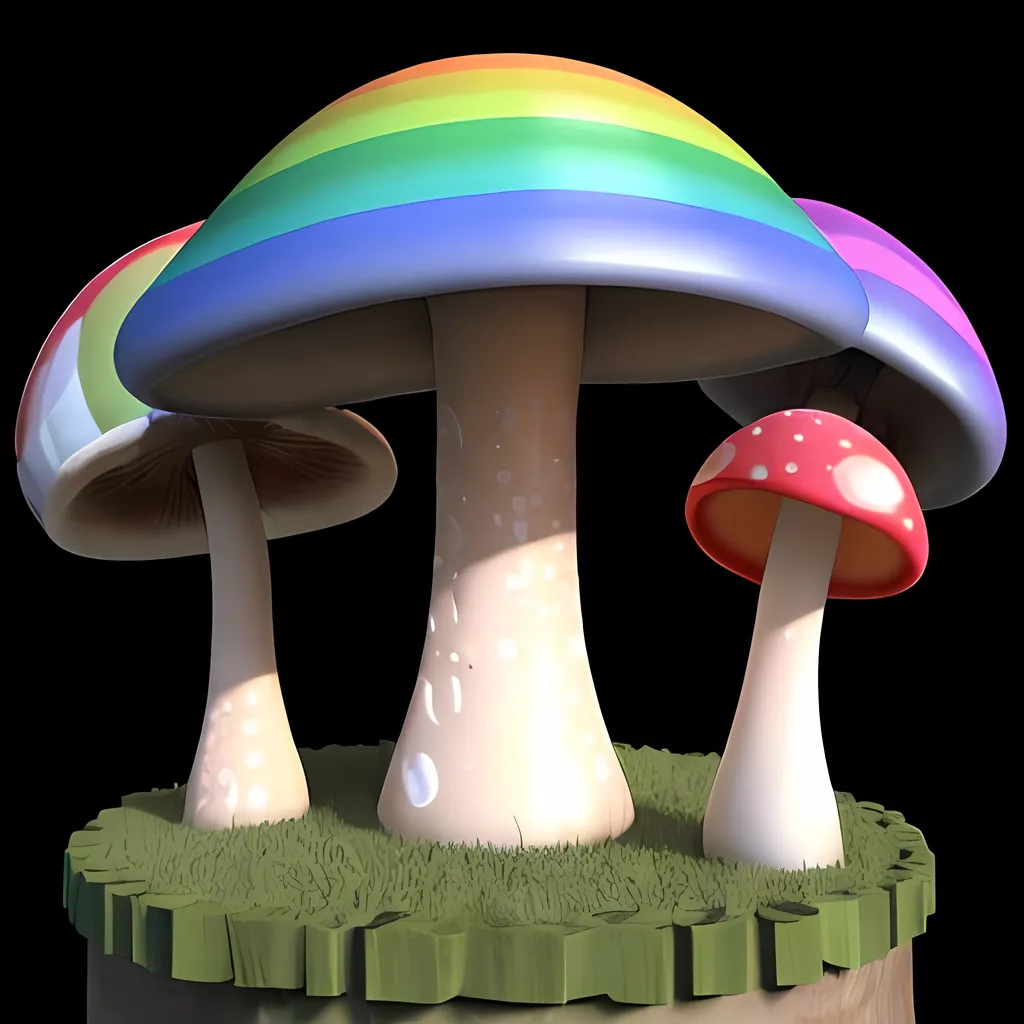 Prompt: 3d rainbow magical mushroom black background 