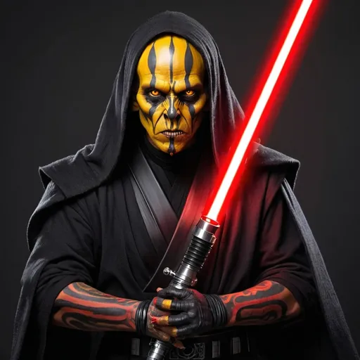 Prompt: Zabrak Sith Lord with yellow skin and one red light saber.  Make his tattoos black.