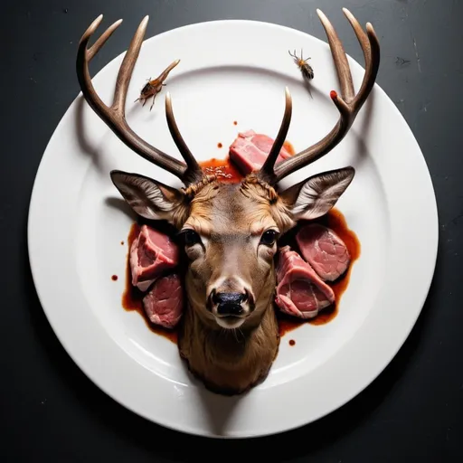 Prompt: A head of a deer on a plate surrounded by dear meat and flies in a dark apartment 