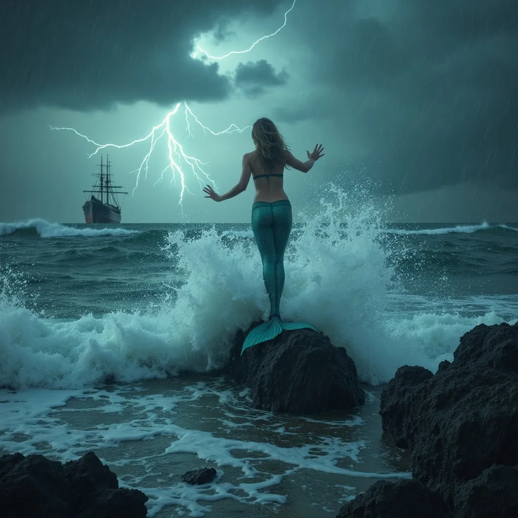 Prompt: A siren reaching out on jagged rocks, ocean waves crashing fiercely around her, capturing the tumultuous energy of a heavy storm. A shipwreck can be seen in the distance. Dark, stormy skies filled with crackling lightning and heavy rain create a dramatic backdrop, while the turbulent waters reflect deep navy and teal hues. The atmosphere is intense and raw, highlighting the mesmerizing beauty of the mermaid amidst nature's fury, ultra-detailed, and cinematic quality, HD.