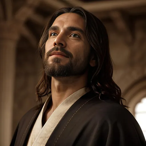 Prompt: A Photorealistic portrait of Jesus Christ looking up. He has a slight smile on his face as if he's looking toward God. He's wearing an ancient robe. 