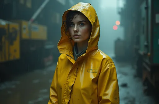 Prompt: photorealistic, (full body), (Keira Knightley), (chignon bun), wearing a very used glossy wet, dirty yellow rubber short industrial fishermen raincoat with an oversized hood, misty atmospheric background, dramatic contrasts in lighting, expressive facial features, emotional atmosphere, ultra-detailed, industrial setting with abstract elements, reflective surfaces, intriguing perspective, capturing the essence of surrealism.