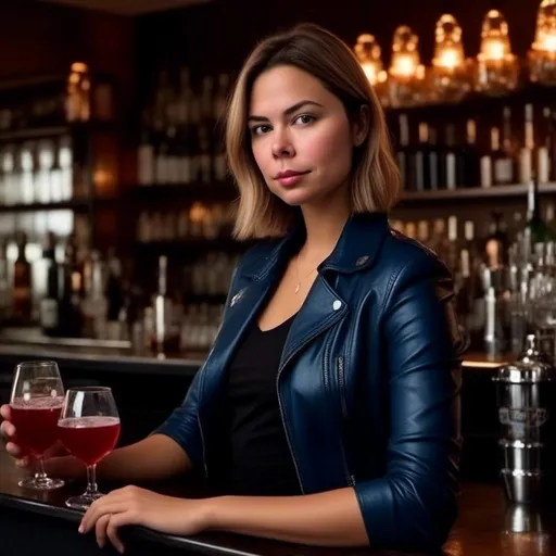 Prompt: <mymodel>photograph of an attractive woman, standing, wearing a black leather jacket, sleek blue dress with a high neckline and midi-length is at the bar, cocktails, smirking, looking away, grunge bar, socializing, confidence, attention grabber, professional photo, a stock photo, canon eos