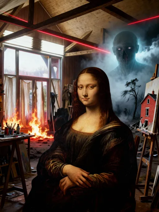 Prompt: Retrorenaissance old master oil painting from abstract hyper-realist ukiyo-e, extreme detail, wide-field deep focus bokeh, atmospheric, mystery, indirect volumetric light, metaphoric allegory, horror-vacui kenophobic contemporary realism, chiaroscuro, tenebroso, perfect golden ratio composition, phi 1.618.

La Gioconda waits for the painter to finish as the apocolypse whimpers outside.
