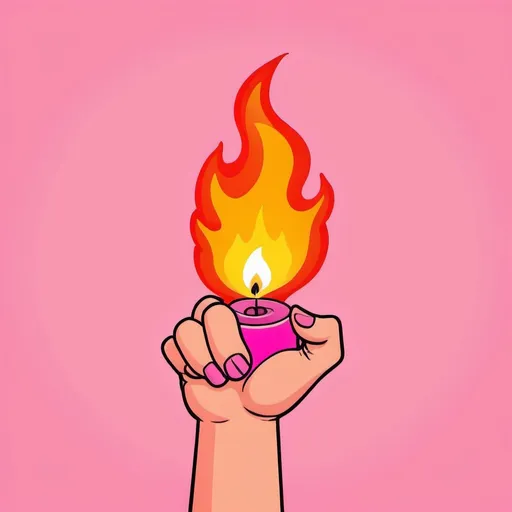 Prompt: Cartoon hand grabbing a flame with pink background
