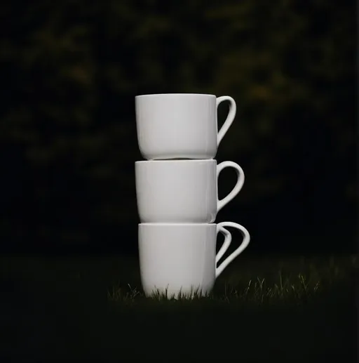 Prompt: There are piles of white mugs with nothing on them. I can see trees and grass behind it. White mugs are piled up on the lawn.