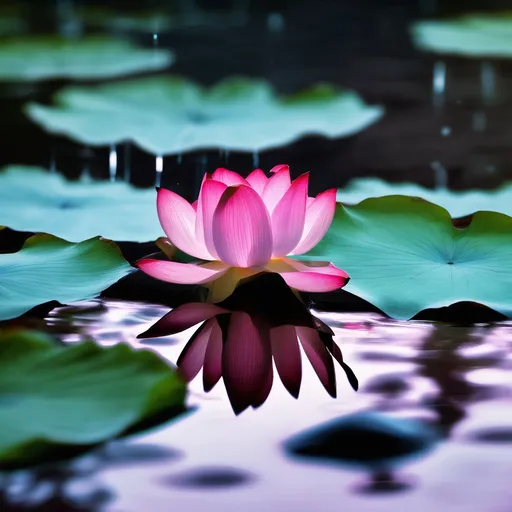 Prompt: lotus pink, water ball, water fall, Leafs, lighting, super big lake