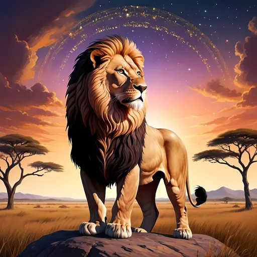 Prompt: Leo's Domain: Sunset Symphony"

Description:
Embark on a journey through the celestial kingdom of Leo with this breathtaking 3D design, capturing the lion in his majestic habitat, bathed in the golden hues of a stunning sunset.

In this enchanting scene, Leo, the lion, stands proudly amidst the savannah grasslands, his mane flowing in the gentle breeze. His regal posture exudes confidence and strength, symbolizing the fearless nature of this bold zodiac sign. Each detail of his form is meticulously sculpted to evoke the raw power and grace of the king of beasts.

As the backdrop, the sky is ablaze with the vibrant colors of sunset, painting a mesmerizing tableau of crimson, orange, and gold. Wisps of clouds drift lazily across the horizon, tinged with hues of pink and purple, adding a touch of ethereal beauty to the scene.

Above, a canopy of stars begins to emerge, twinkling softly against the fading light of day. Leo's constellation shines brightly, tracing a majestic pattern across the heavens, a celestial reminder of his enduring legacy in the night sky.

Subtle lighting effects enhance the realism of the scene, casting warm rays of sunlight that dance across the landscape, illuminating every blade of grass and highlighting the contours of Leo's magnificent form. The air is alive with the sounds of the savannah, the distant roar of lions echoing in the twilight.

This 3D design of Leo's habitat is a testament to the awe-inspiring beauty of the natural world and the timeless majesty of the zodiac. Whether displayed as a work of art or transformed into a sticker to adorn your favorite belongings, it serves as a powerful symbol of courage, strength, and the eternal dance of the cosmos.