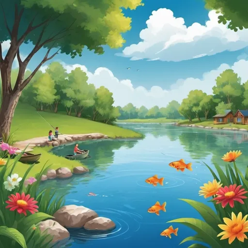 Prompt: “Generate a delightful background for a fishing club flyer targeting both kids and parents. The scene should be a picturesque pond with vibrant green vegetation and colorful flowers around the edges. Show children happily fishing from the shore with their parents nearby, enjoying the day. Add a few fish swimming and jumping out of the water, and include a bright blue sky with fluffy clouds to create an inviting and friendly environment.”