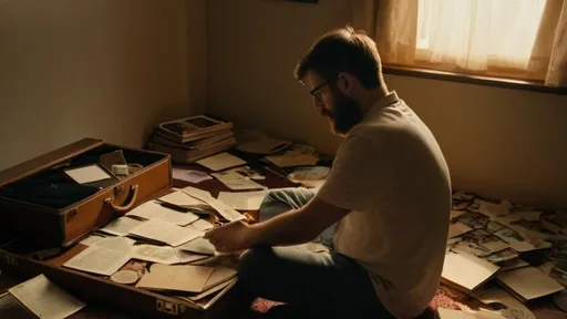 Prompt: A 30 years old adult person having glasses and course beard, sitting alone on the floor of a dimly lit room, surrounded by scattered photographs, letters, and small keepsakes. They hold an old, worn photograph in their hands, looking at it with a mixture of sadness and longing. In the background, a partially packed suitcase sits open, symbolizing their imminent departure. The window behind them shows a sunset, casting a warm, golden light into the room, representing the end of one chapter and the beginning of another. This scene encapsulates the themes of nostalgia, reflection, and moving forward while holding onto cherished memories.