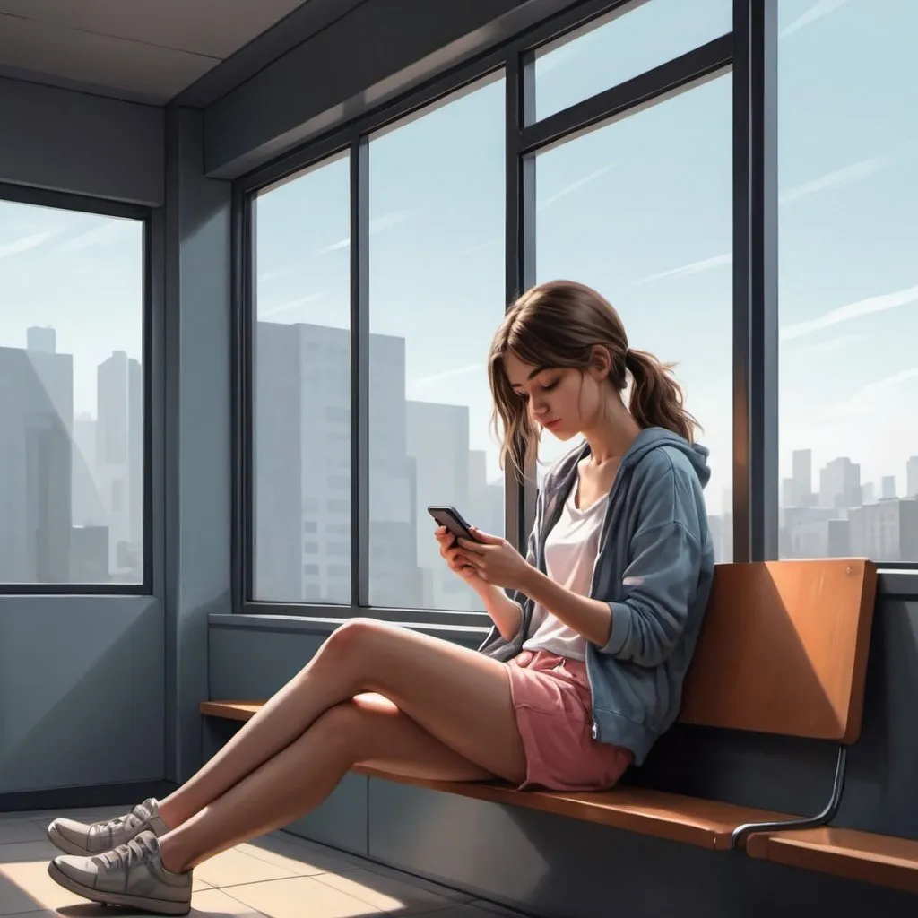 Prompt: Realistic illustration of a girl sitting alone in a modern mobile phone