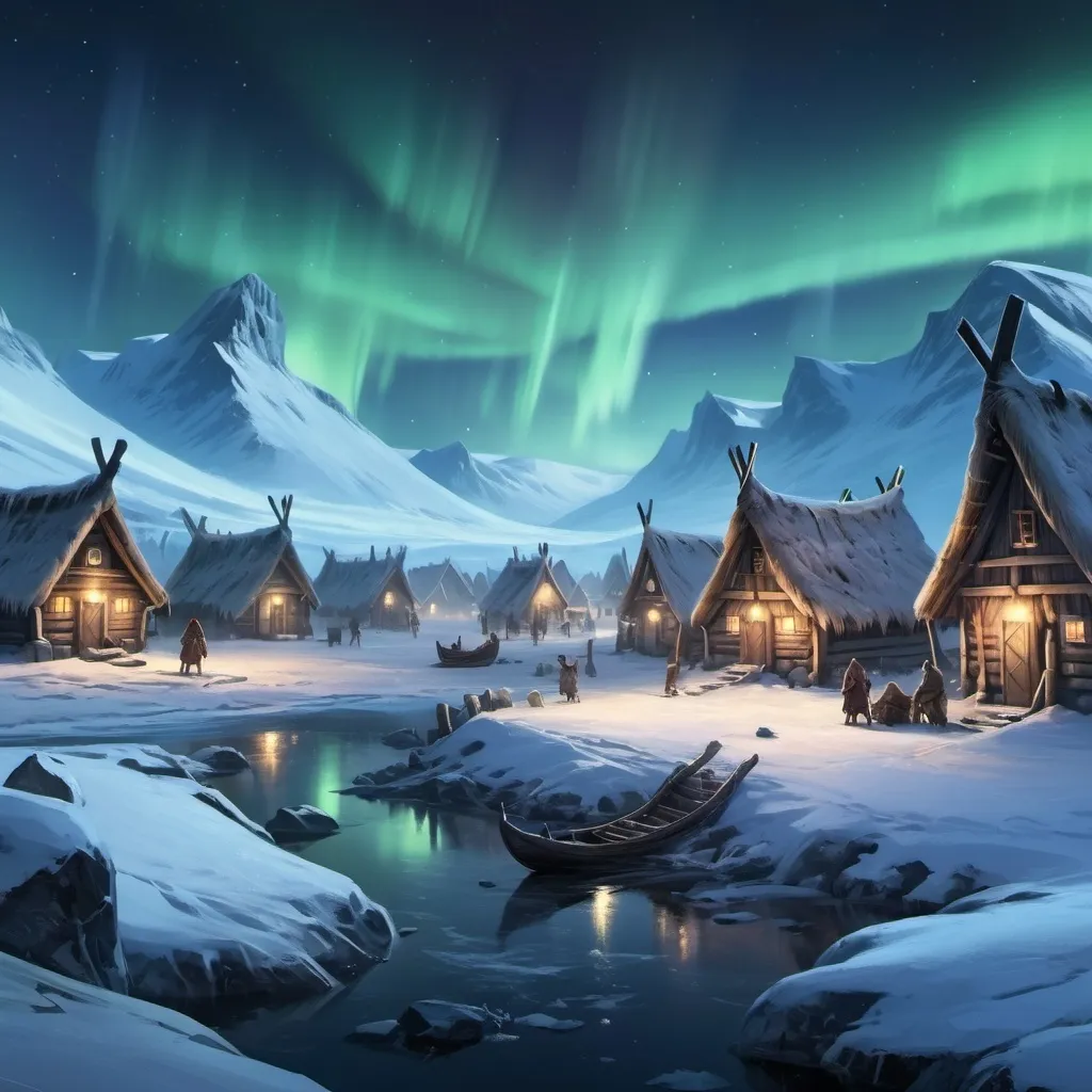 Prompt: digital concept art  of a small  viking styled village in a cold snowy tundra at night with northern lights, the village is filled 