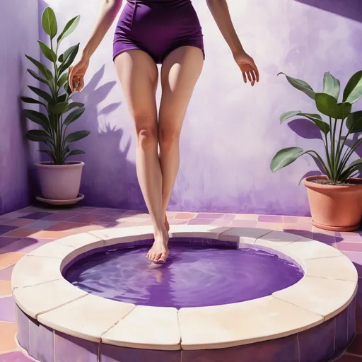 Prompt: A woman’s foot dipping into a small pool. Purple hues in the background illustration
