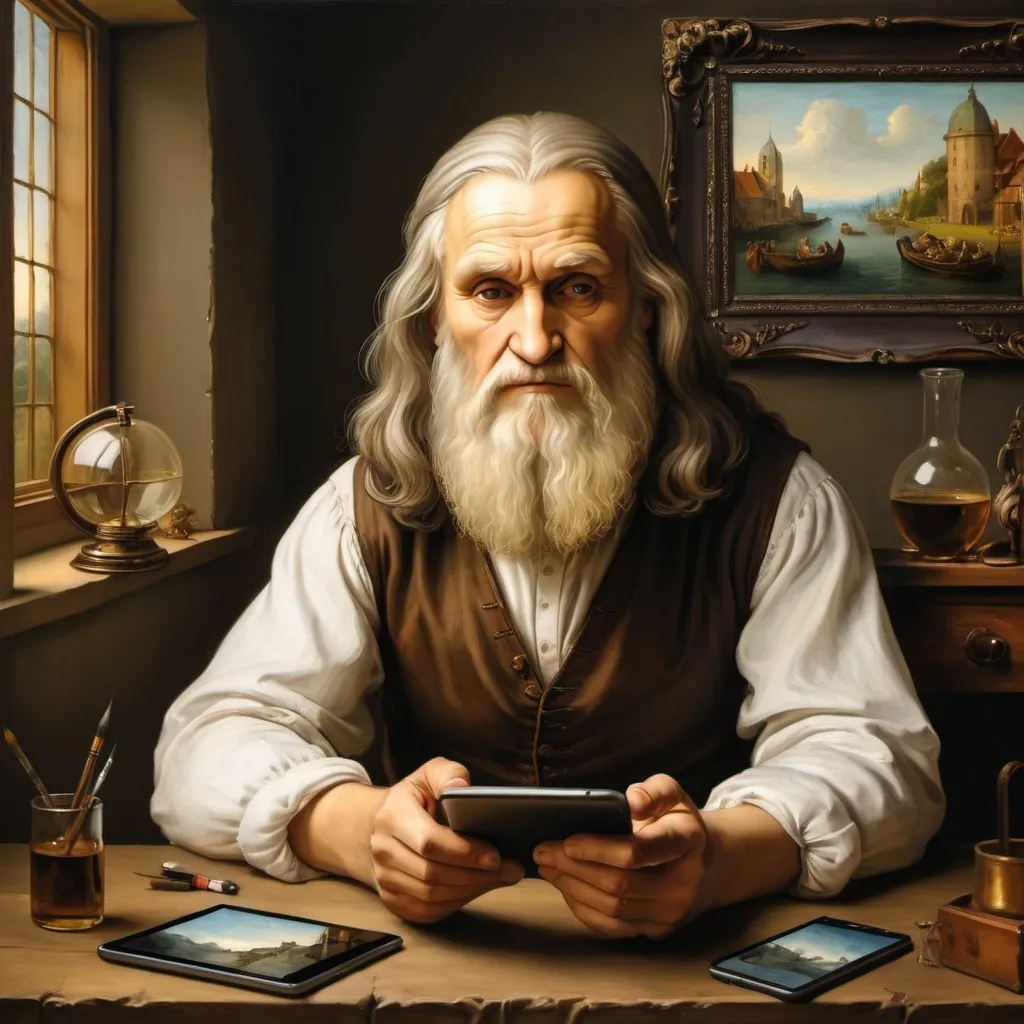 Prompt: inventor like leonardo da vinci thinking in front of a smartphone and a tablet is painted in an oil painting Dutch golden age