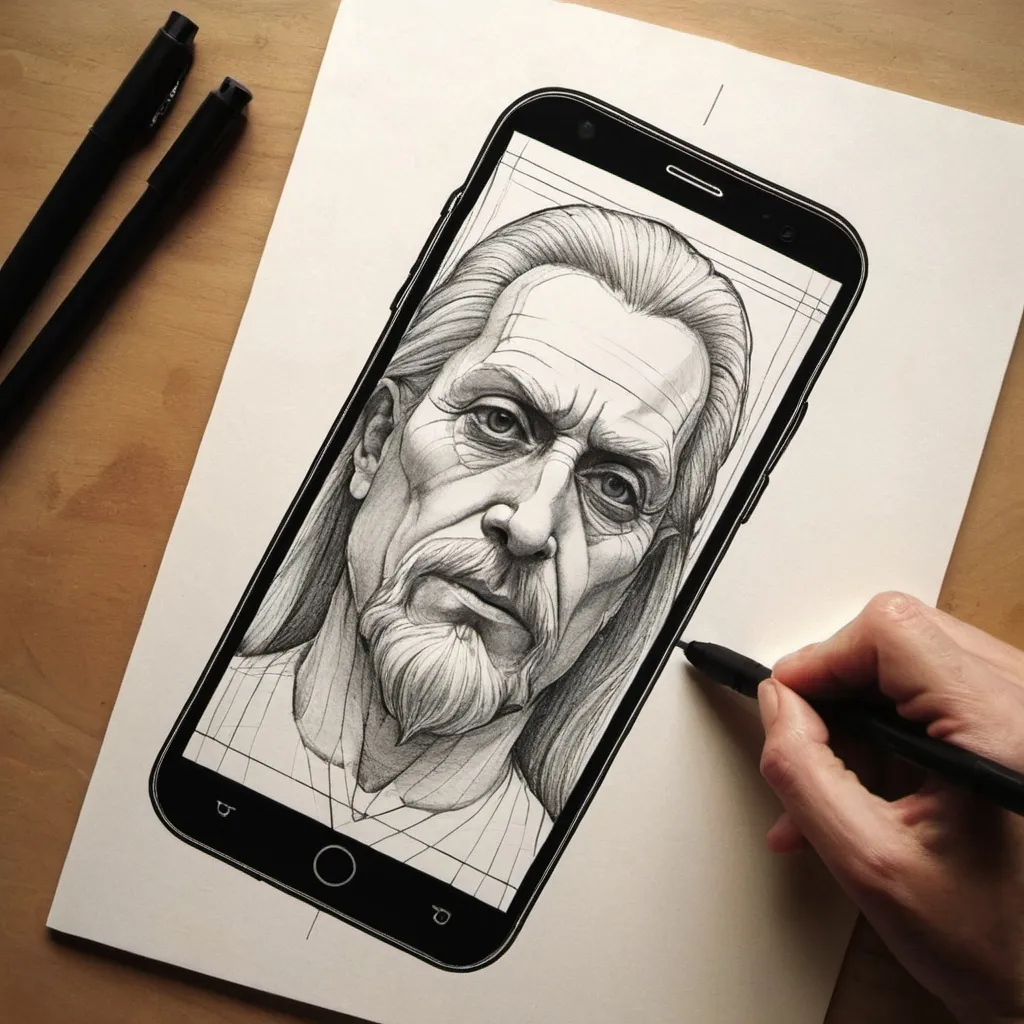 Prompt: smartphone draws by leonard de vinci