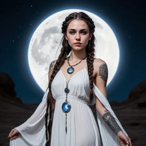 Prompt: Moon priestess dark long brown hair in braids in a flowing white dress standing in front of a lunar eclipse and feeling very powerful blue crescent moon tattoo on her forehead