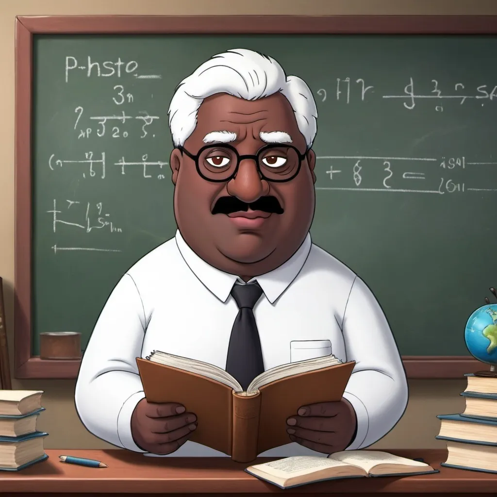 Prompt: A Indian peter griffin with black skin and white hair 
teaching physic 