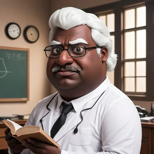 Prompt: A Indian peter griffin with black skin and white hair and black eyebrow 
teaching physic 