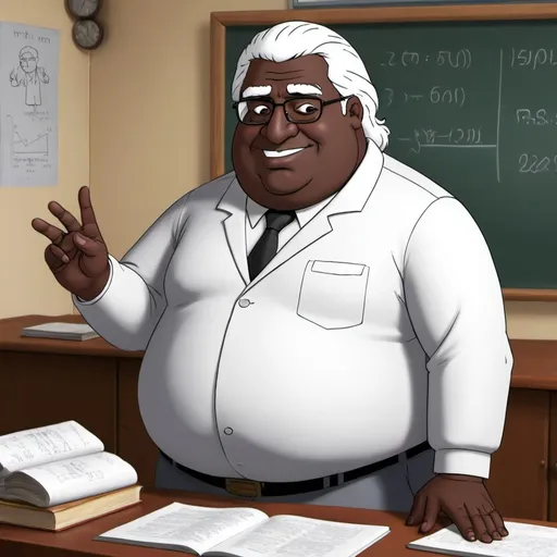 Prompt: A Indian peter griffin with black skin and white hair 
teaching physic 