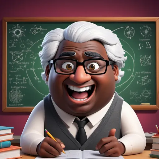 Prompt: A Indian peter griffin with black skin and white hair and black eyebrow 
teaching physic 