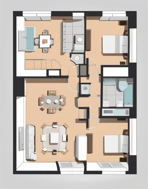 Prompt: Studio apartment floorplan, 2D vector illustrations, high quality, detailed layout, modern design, professional style, minimalistic, precise lines, clean and crisp, organized space, neutral color palette, top-notch, well-crafted, artistic floorplan, spacious layout, accurate representation, high-res, polished, architectural, detailed apartment, clear and precise, professional vector illustration, organized and efficient, minimalistic design