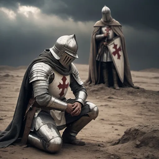 Prompt: Christian Crusader Knight Templar, kneeling for prayer, somber atmosphere, rugged battlefield, dirt and debris surrounding, emotional expression of devotion, worn gear, worn helmet, worn apparel, weathered sword laying on the ground, weathered face showing exhaustion and relief, muted colors, stark lighting, dramatic shadows, high tension in the background, (4K ultra-detailed), intense mood portraying reflection after heavy combat.